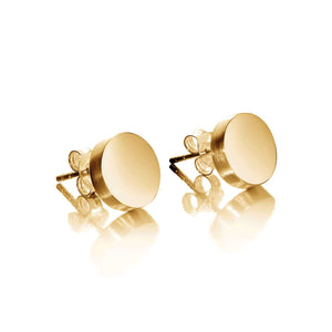 Contemporary 10mm flat disc stud earrings in gold vermeil, featuring a high-polished finish and matte brushed sides, perfect for chic everyday wear.