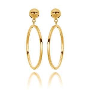 Stunning drop hoop earrings featuring a ball stud that are handcrafted in recycled sterling silver and 24k gold.