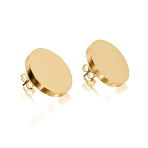 A pair of contemporary, big gold earrings that have a flat surface.