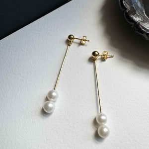 Isabella Pearl Drop Earrings by SOPHIE ANNA — gold minimalist earrings with two freshwater pearls, elegant modern jewellery design