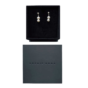double drop pearls earrings with a silver ball stud beautiful presented in the SOPHIE ANNA signature black box