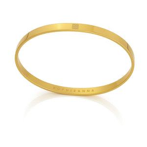 Gold bracelet with 'SOPHIEANNA' engraving on a white background