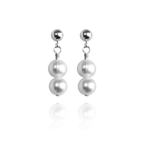 drop earrings with two white  pearls and a sterling silver ball stud.