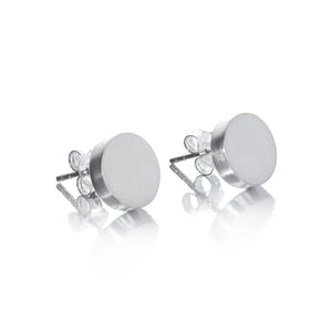 Contemporary 10mm flat disc stud earrings with high-polished finish and matte brushed sides, designed for versatile everyday wear.