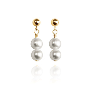 drop earrings with two white  pearls and a 9k gold ball stud
