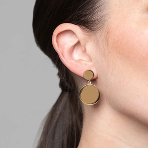 24k gold vermeil Double Disc dangle earrings on a models ear